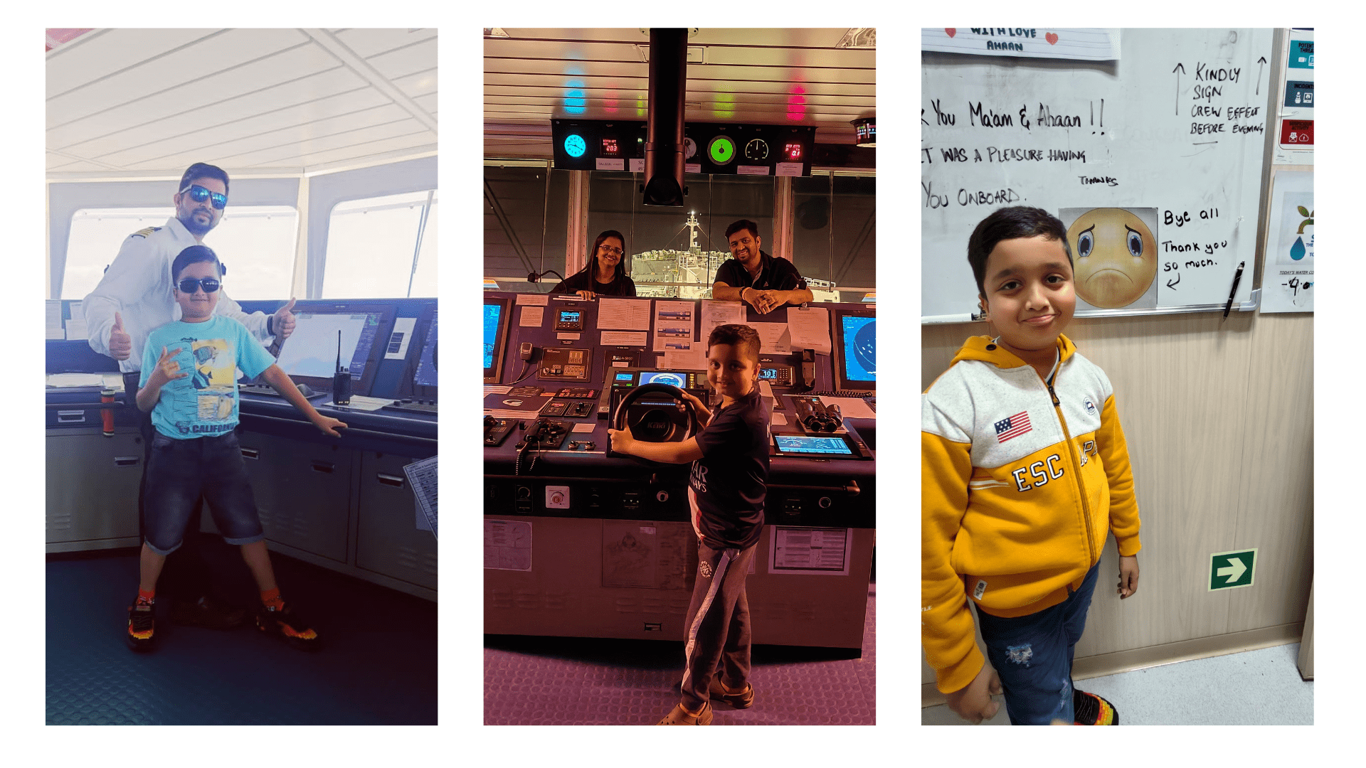 3-photo collage of a young boy onboard a vessel.
