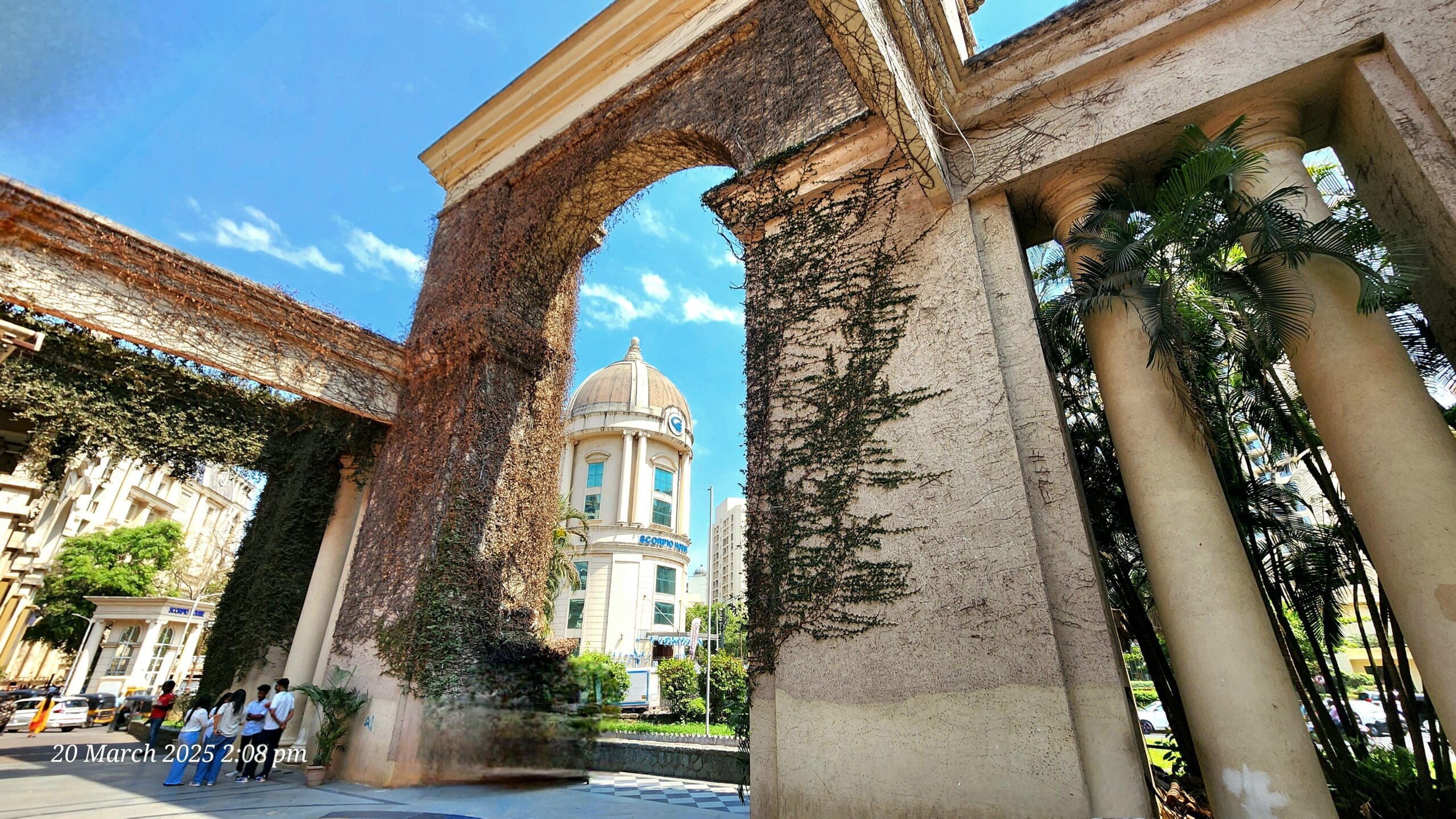 A view of a building through a portal.