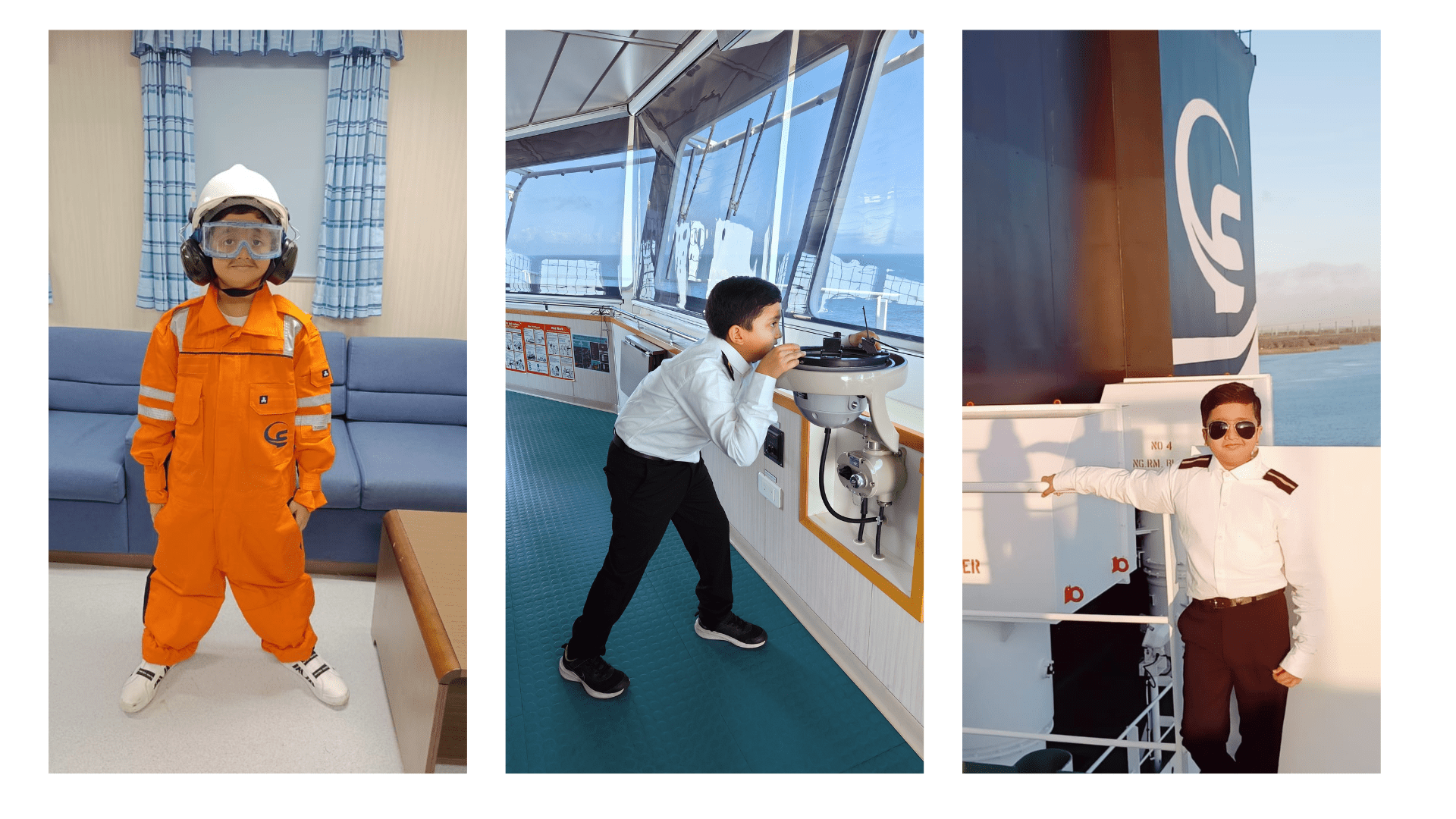 a collage of photos of Captain Kulkarni's son Ahaan, getting a full experience of life at sea, where the proper uniforms worn of onboard. 