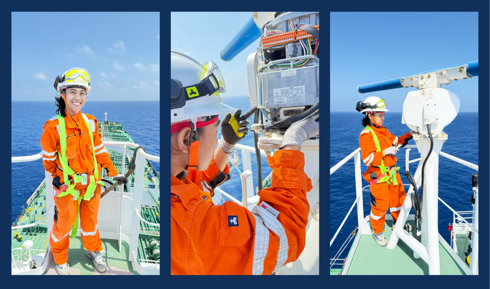 3 photos of a Woman seafarer working on a vessel.
